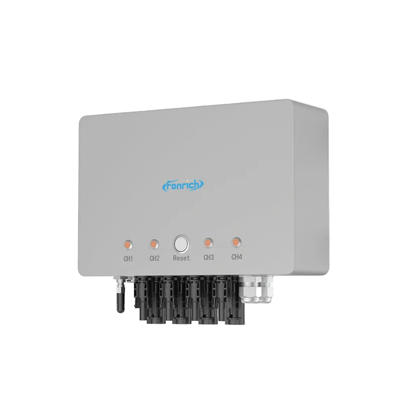 A gray industrial electronic module with four indicator lights labeled Q1, Q2, Q3, Q4 and a central reset button, branded 'fannich' in blue. The module is shown against a light gray background with subtle white wave patterns.