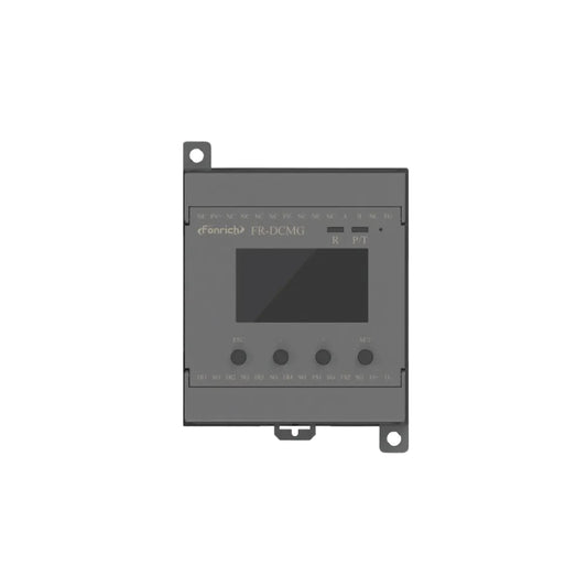 A dark gray industrial electronic module with a small screen and four buttons, branded 'fannick' and labeled 'FR-DCMG', centered against a white and light gray wavy background.