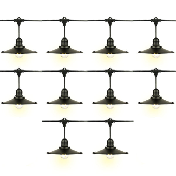 Set of 10 vintage-style pendant lights with black metal shades on a white background