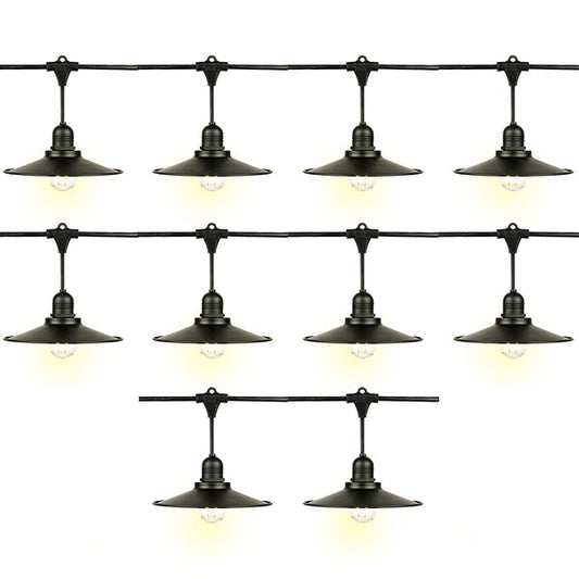 Set of 10 vintage-style pendant lights with black metal shades on a white background