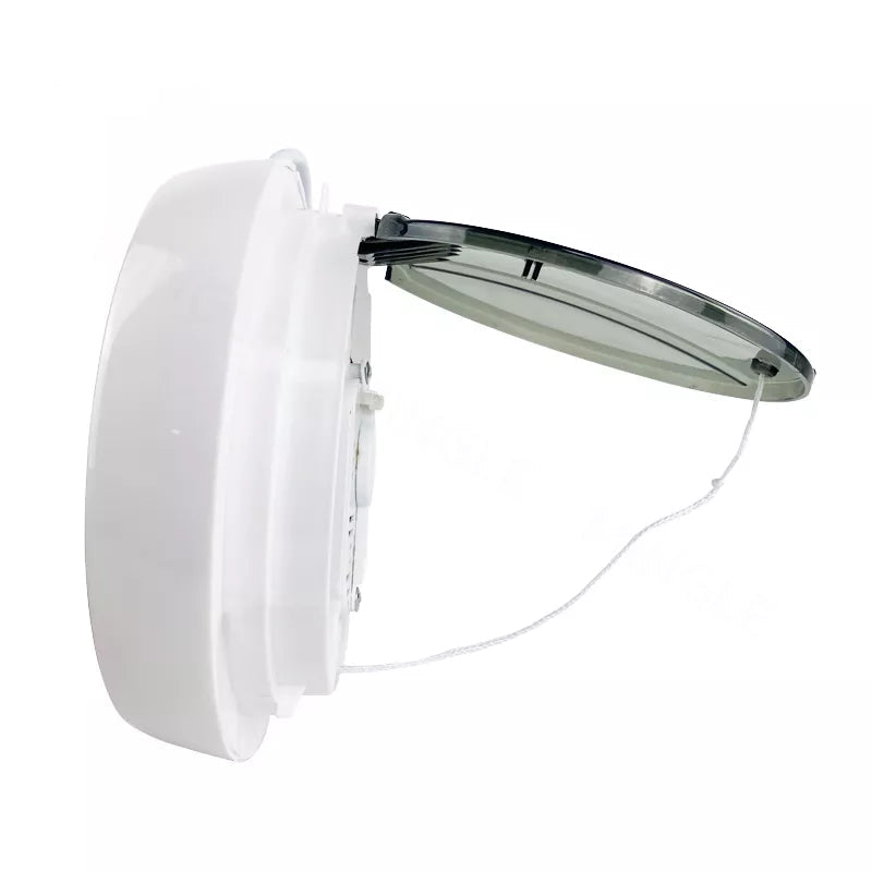 A white circular ceiling light fixture with a transparent glass shade and a thin white cord, shown from a side profile on a white background with the Mingletec logo in the top-left corner.