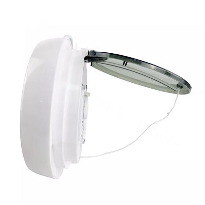 A white circular ceiling light fixture with a transparent glass shade and a thin white cord, shown from a side profile on a white background with the Mingletec logo in the top-left corner.