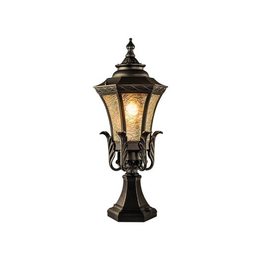 A classic outdoor street lamp with a dark bronze metal frame and textured glass panels glowing with warm light, centered on a light gray background.