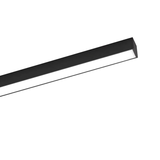 A modern linear LED light fixture with a matte black frame and a bright white illuminated panel, shown against a plain white background.