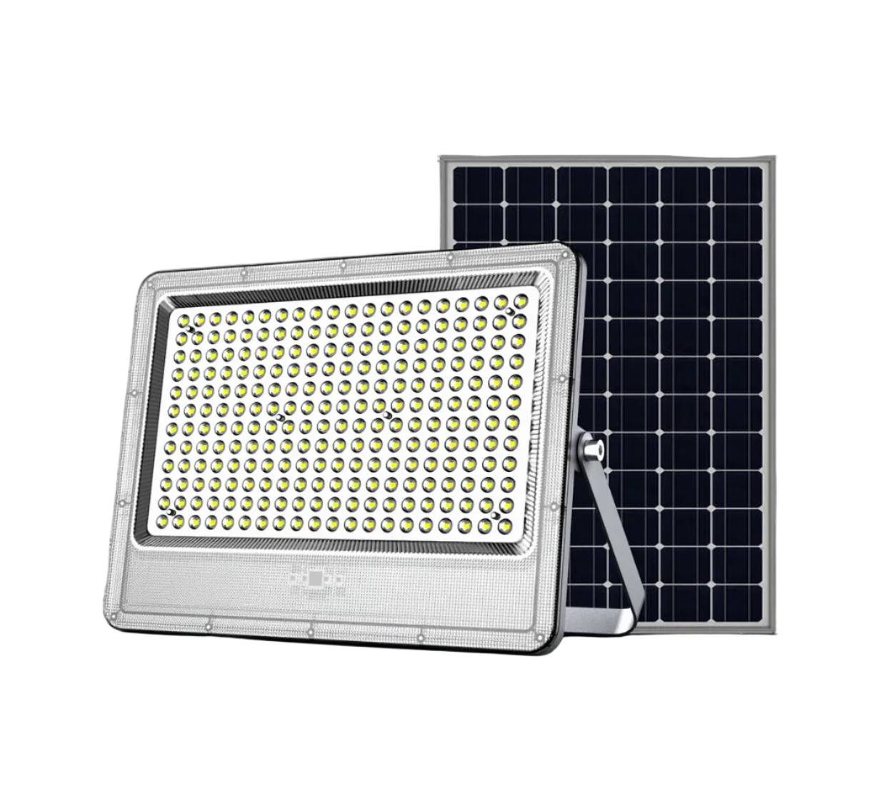LED flood light and solar panel on a white background