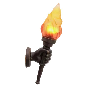 A decorative wall sconce shaped like a hand holding a flaming torch. The hand and base are dark bronze or black metal, while the flame-shaped light is translucent amber-orange with a glowing yellow center, shown against a plain white background.