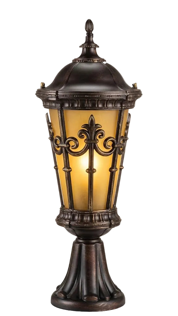 Decorative outdoor lamp with intricate design on a white background