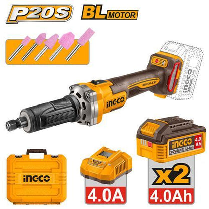 INGCO Cordless Die Grinder 20V Brushless 6mm with 2x4Ah Batteries Charger and Case CDGLI20012