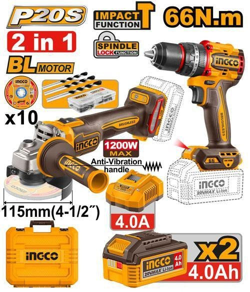 20V 2Batt 4.0Ah+C+Box 1200W مجموعة مقدح رجراج+صاروخ - Pcs INGCO