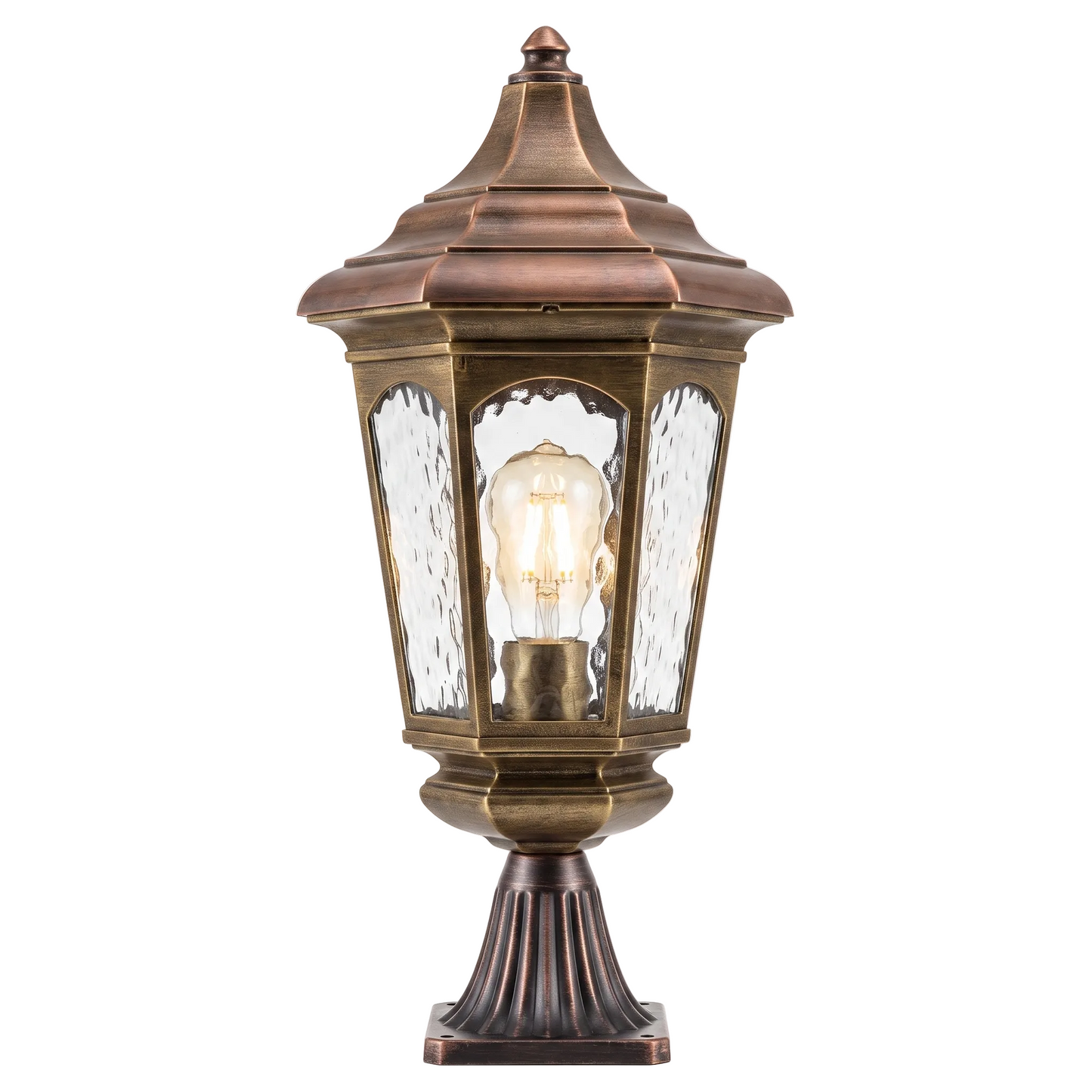 Bronze outdoor lamp with clear glass shade on a white background