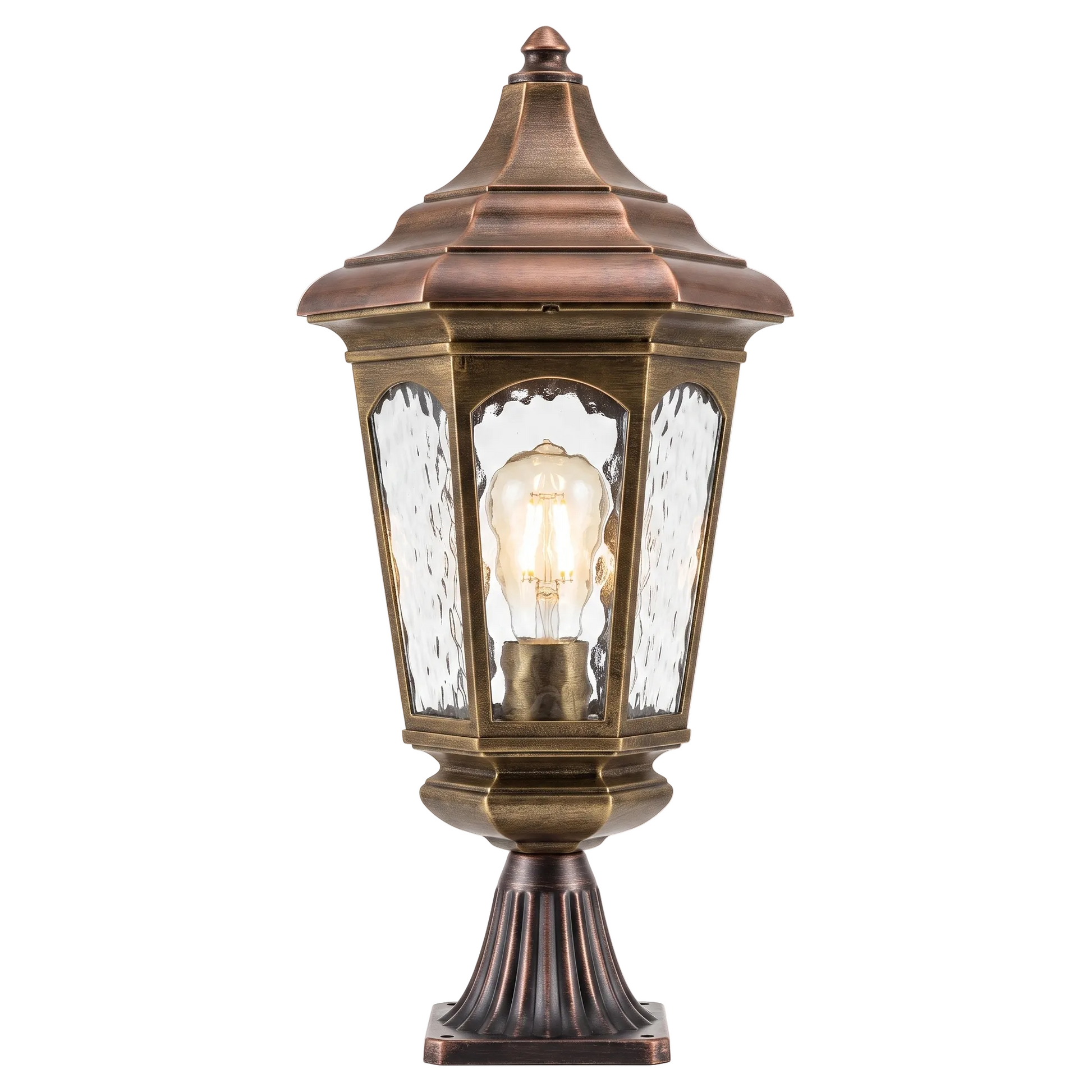 Bronze outdoor lamp with clear glass shade on a white background