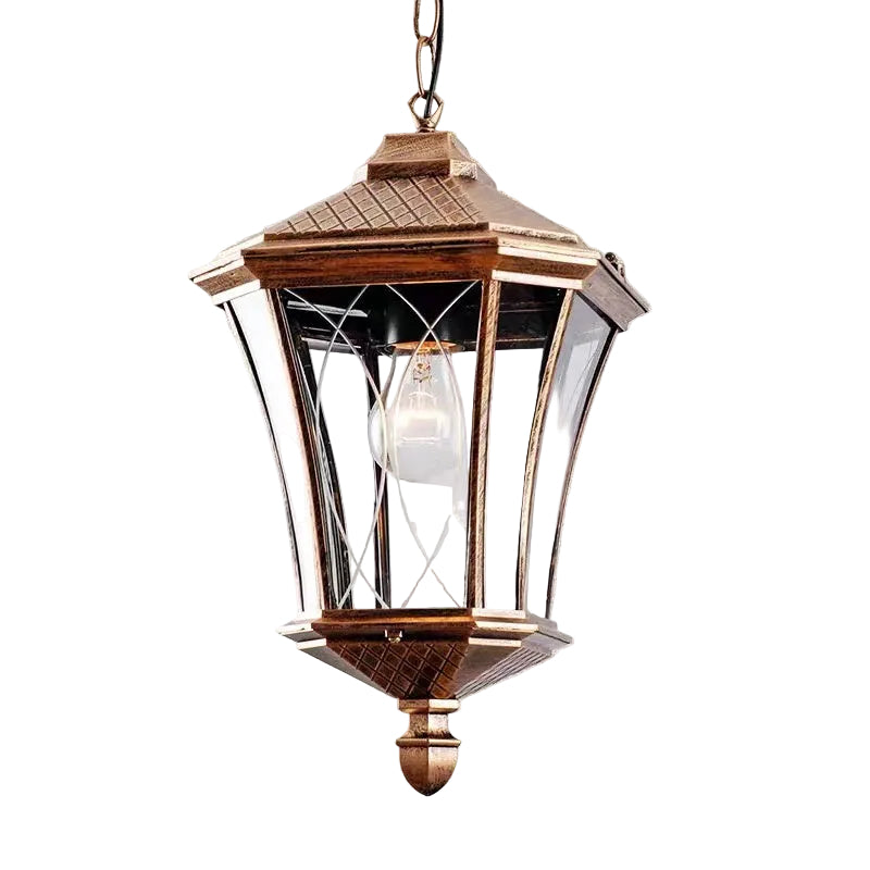 Decorative outdoor hanging light fixture on a textured wall background