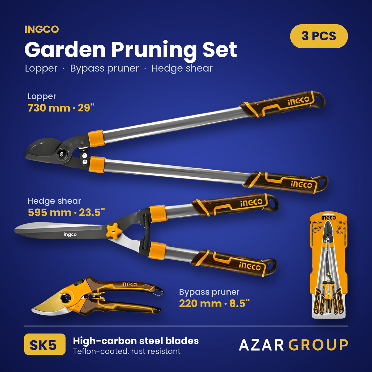 INGCO HLT76133 3-piece garden pruning set: lopper 730 mm, hedge shear 595 mm, bypass pruner 220 mm, SK5 Teflon-coated blades