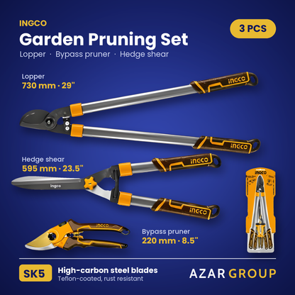 INGCO HLT76133 3-piece garden pruning set: lopper 730 mm, hedge shear 595 mm, bypass pruner 220 mm, SK5 Teflon-coated blades