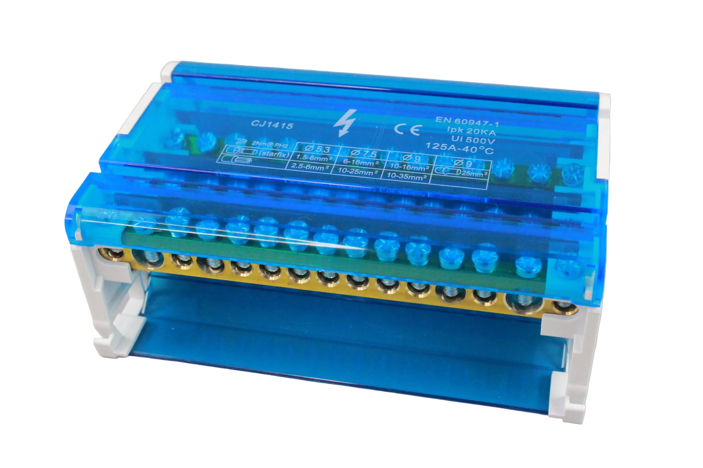 Blue electronic module with connectors on a gray background