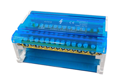 Blue electronic module with connectors on a gray background