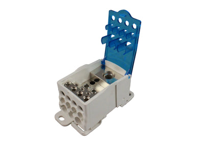 White electrical junction box with blue cover on a gray background