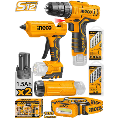 INGCO COSLI22121 | طقم مفك بطارية 12 فولت مع مسدس شمع وكشاف