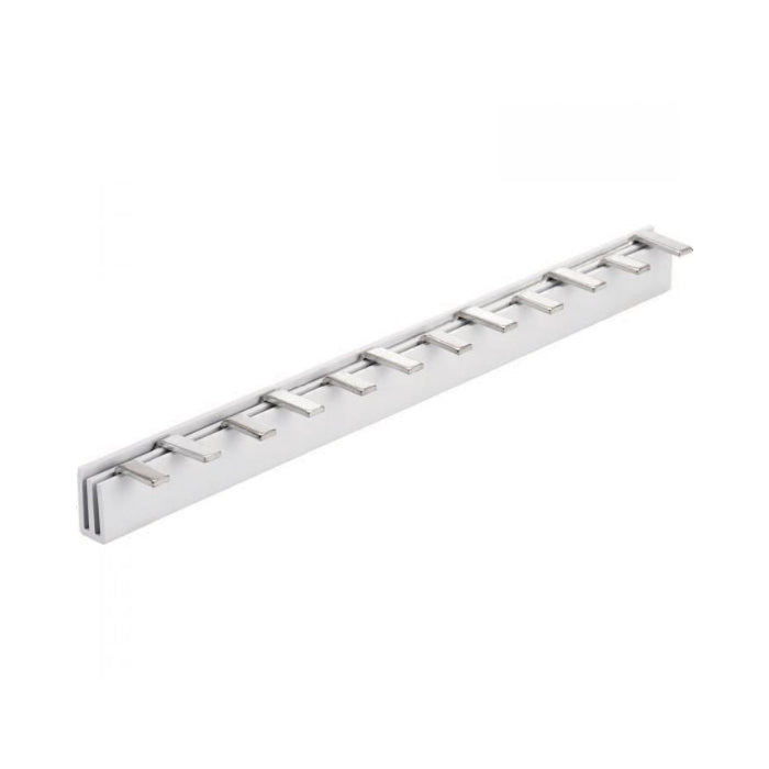 Chrome metal strip with hooks on a white background