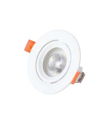 A recessed LED spotlight with a white circular frame, orange accent tabs, and a silver metal base, shown against a plain white background.