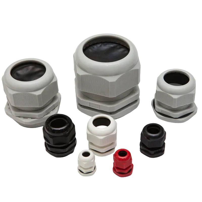 Collection of various cable glands on a white background