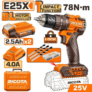 Ricota 25V 2Batt 4Ah+Box 78N.m 13mm مقدح بطارية رجراج راس معدني Ricota