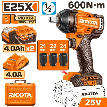 Ricota 25V 2Batt 4Ah+Box 600N.m فرد شد عزق بطارية Ricota