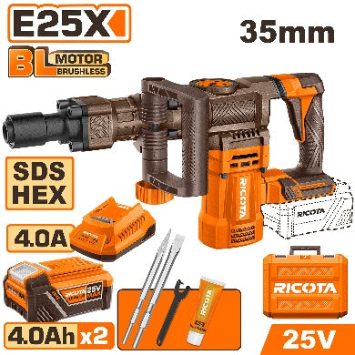 Ricota 25V 2Batt 4Ah+Box 35mm BL SDS Hex كومبرسور تكسير بطارية Ricota