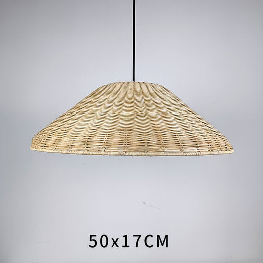 Wicker pendant light on a gray background with dimensions 50x17CM.