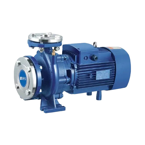 A blue industrial centrifugal pump with a silver metal flange and a blue electric motor, shown on a plain white background.