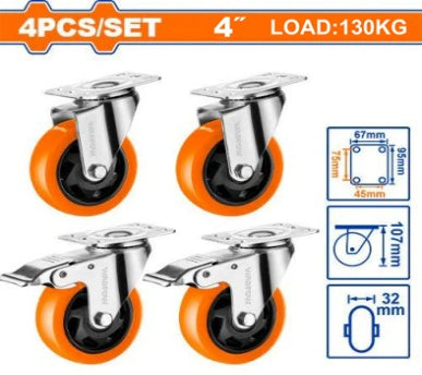WADFOW Load:130kg PP+PVC 4"  طقم ولايب قاعدة حديد متحركة 2 بفرام 2 ثابت Wadfow