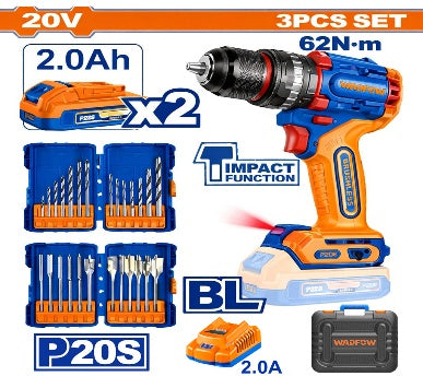WADFOW 20V 2Batt 2Ah+Box مجموعة مقدح بطارية رجراج 13 مم + طقم ريش عدد 2 Wadfow