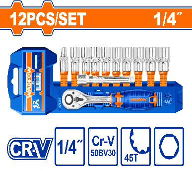 WADFOW 12 Pcs 1/4" CR-V     طقم طربوش مع طقطاق Wadfow