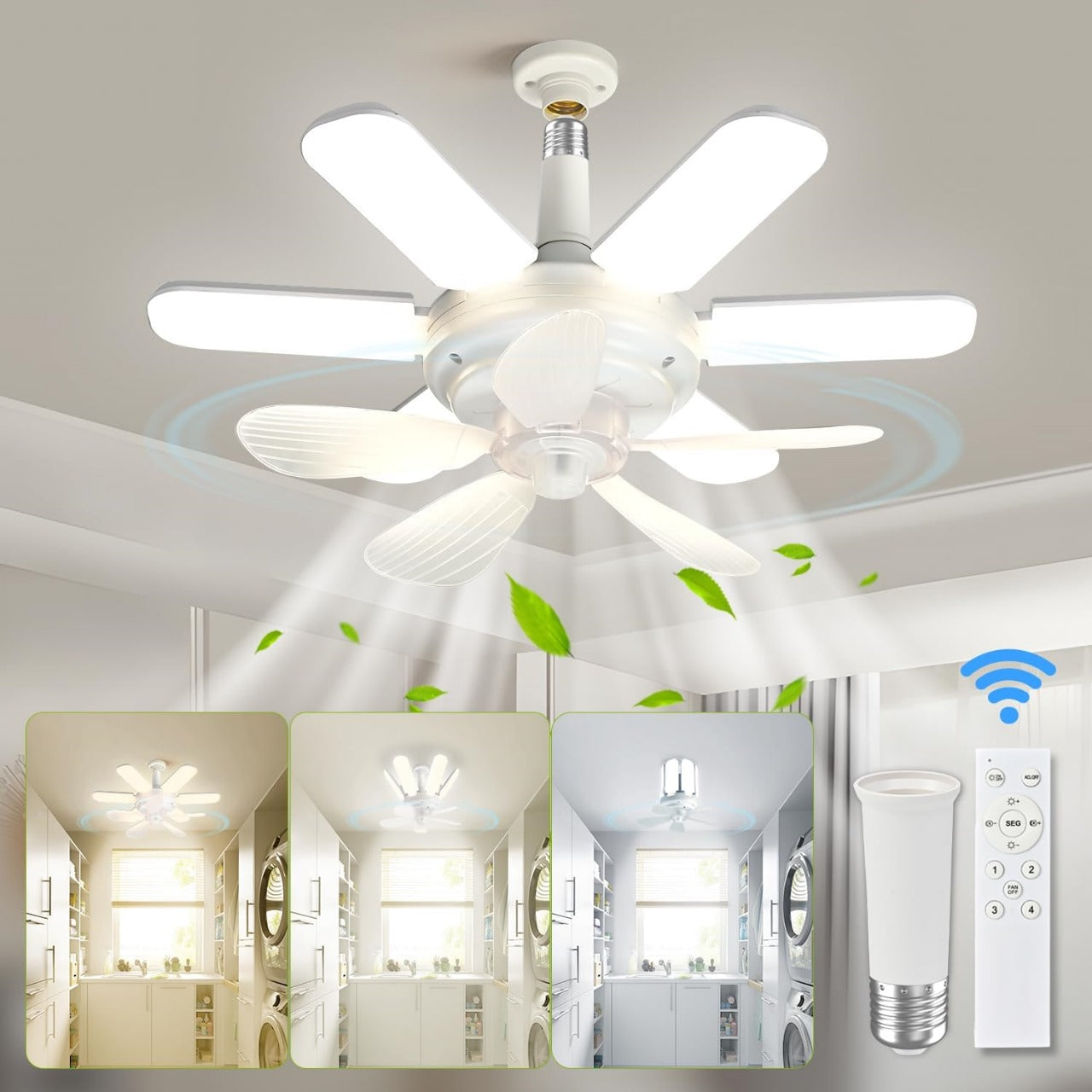 Ceiling Fan Light 60W E27 6000LM 3CCT 3000K/4500K/6500K with 4 Adjustable Panels