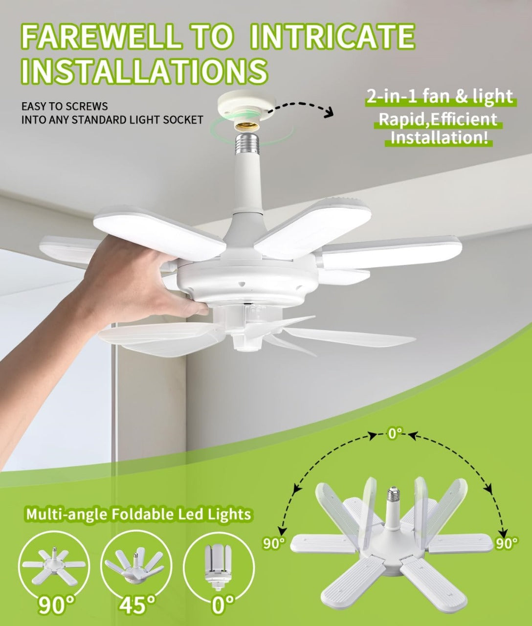 Ceiling Fan Light 60W E27 6000LM 3CCT 3000K/4500K/6500K with 4 Adjustable Panels