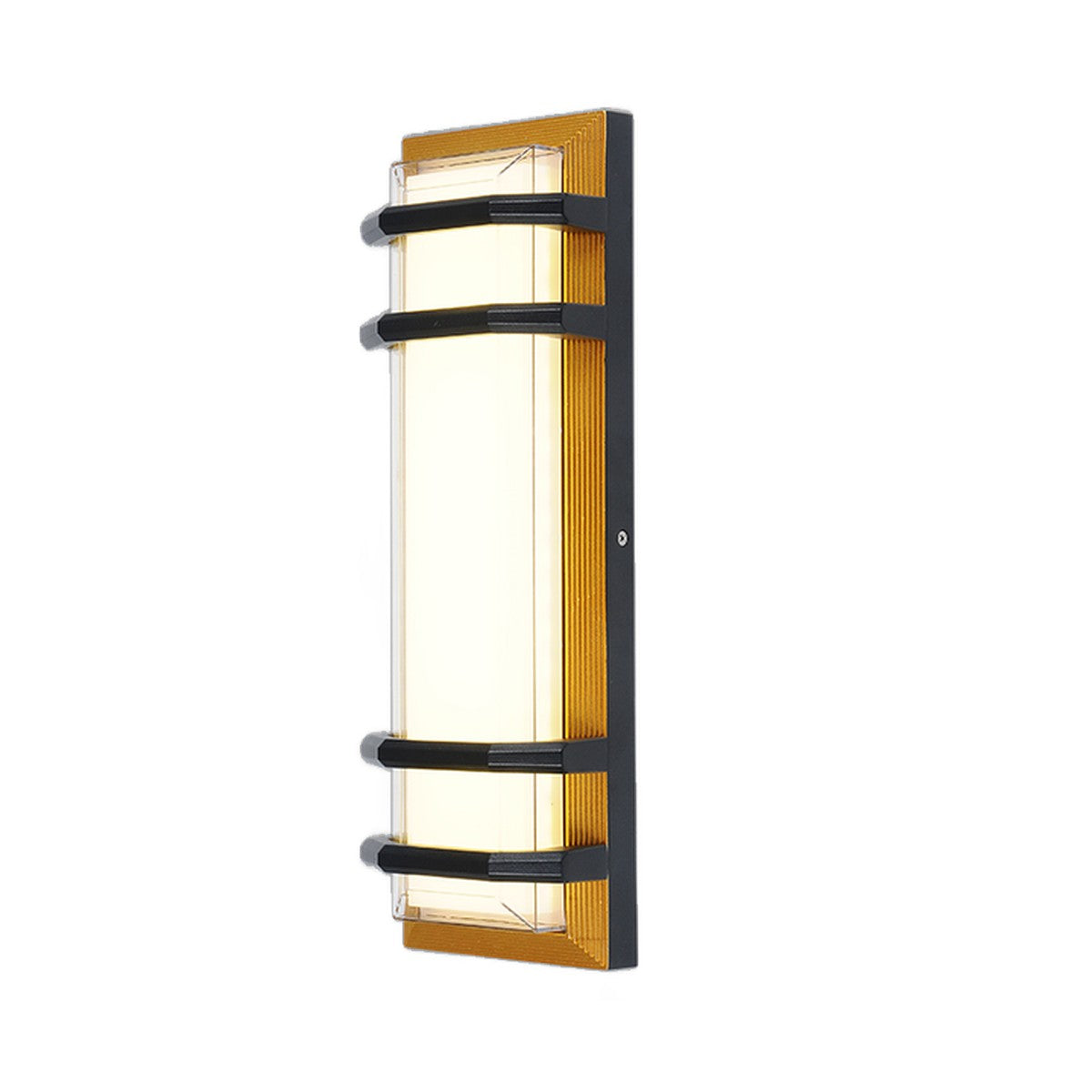 AURA Outdoor Wall Light – Rectangular with Bars, Black & Gold, 40 cm (24W, Warm White 3000K)