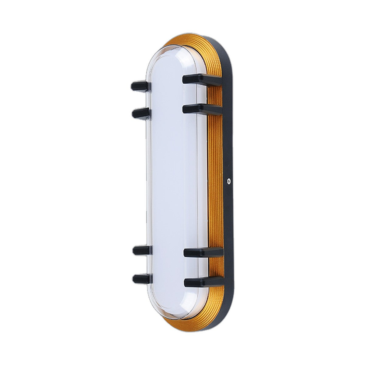 AURA Outdoor Wall Light – Tall Oval with Bars, Black & Gold, 40 cm (24W, Warm White 3000K)