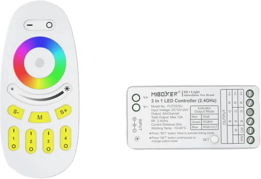 Aura RGB+CCT LED Strip Dimmer & Controller (12V / 24V, 6A Load, 30m Remote Range) - Aura Lighting - Azar Group