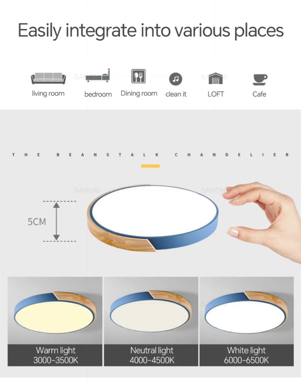 Blue + Wood Macaron LED 50CM 100W Ceiling Light 4000K - Aura Lighting - Azar Group