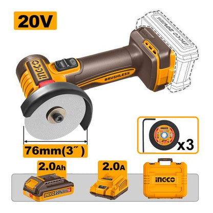 INGCO Cordless Mini Angle Grinder 20V Brushless 76mm 1Batt 2Ah+Char CAGLI207625