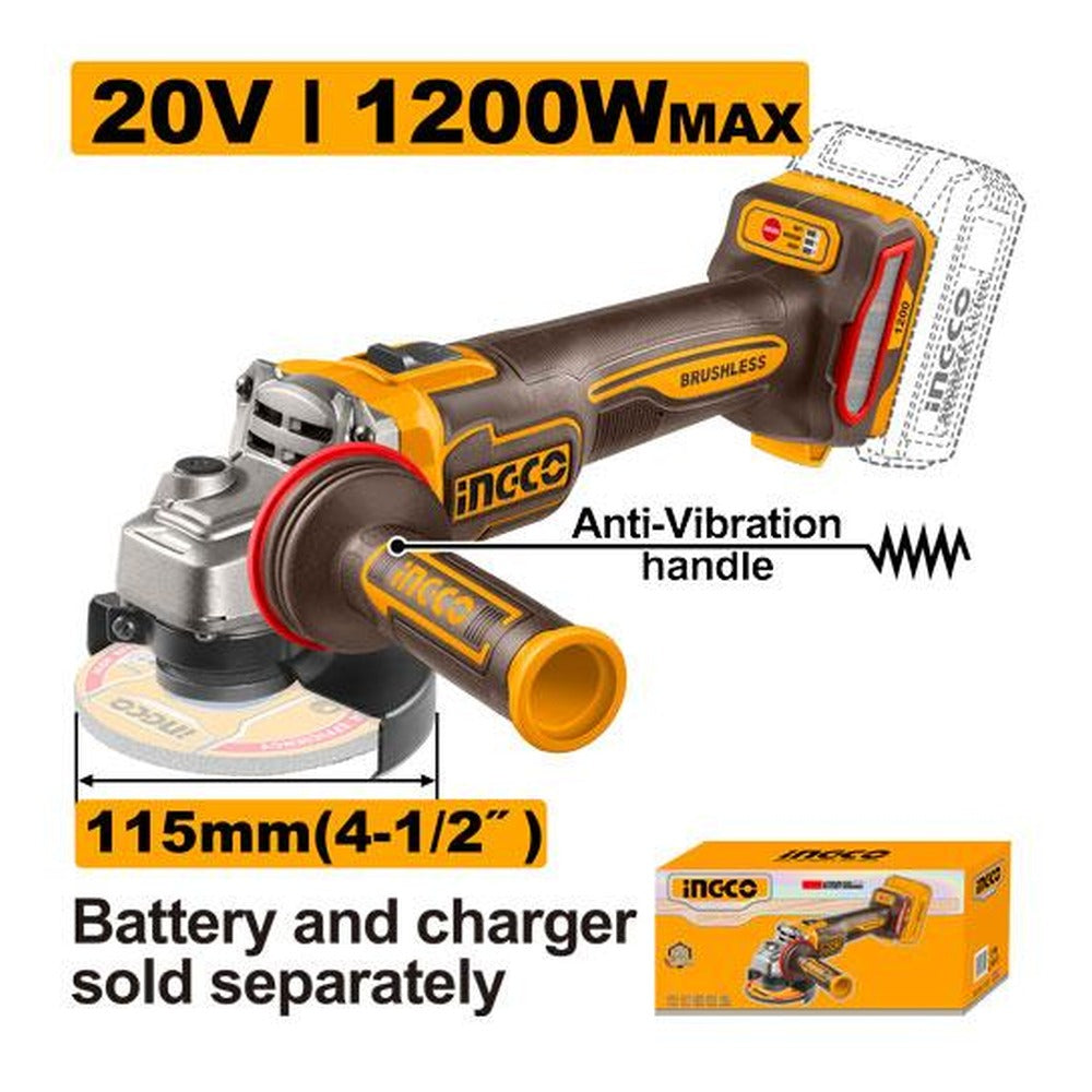 INGCO Cordless Angle Grinder 20V Brushless 1200W 115mm Anti-Vibration Bare Tool CAGLI212025