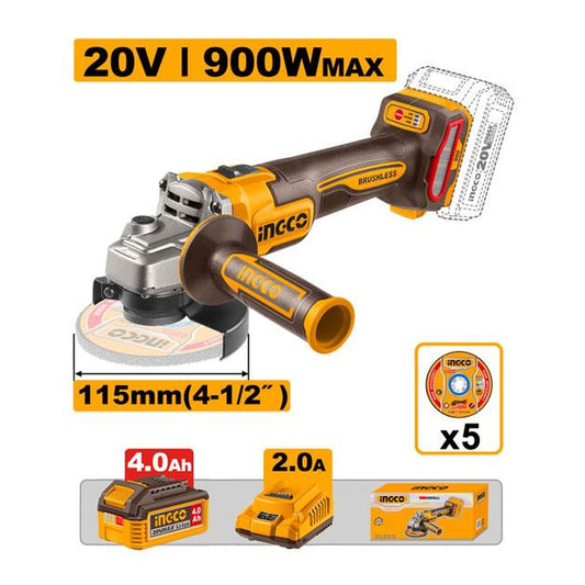 INGCO Cordless Angle Grinder 20V Brushless 900W 115mm 1Batt 4Ah+Char CAGLI261521