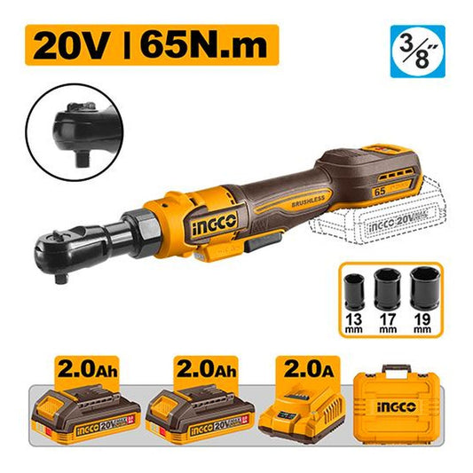 INGCO Cordless Ratchet Wrench 20V Brushless 65Nm 3/8in 2Batt 2Ah+Char CDRLI20652
