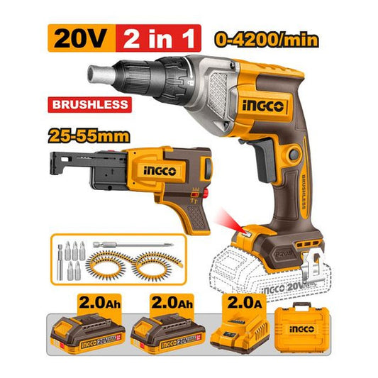 INGCO Cordless Drywall Screwdriver 20V Brushless with Collated Screw Magazine 2Batt 2Ah+Char CDSLI204268