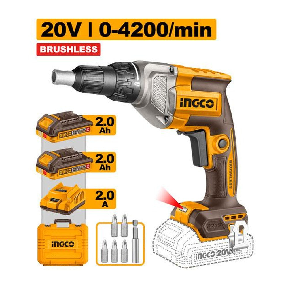 INGCO Cordless Drywall Screwdriver 20V Brushless 2Batt 2Ah+Char CDSLI204282