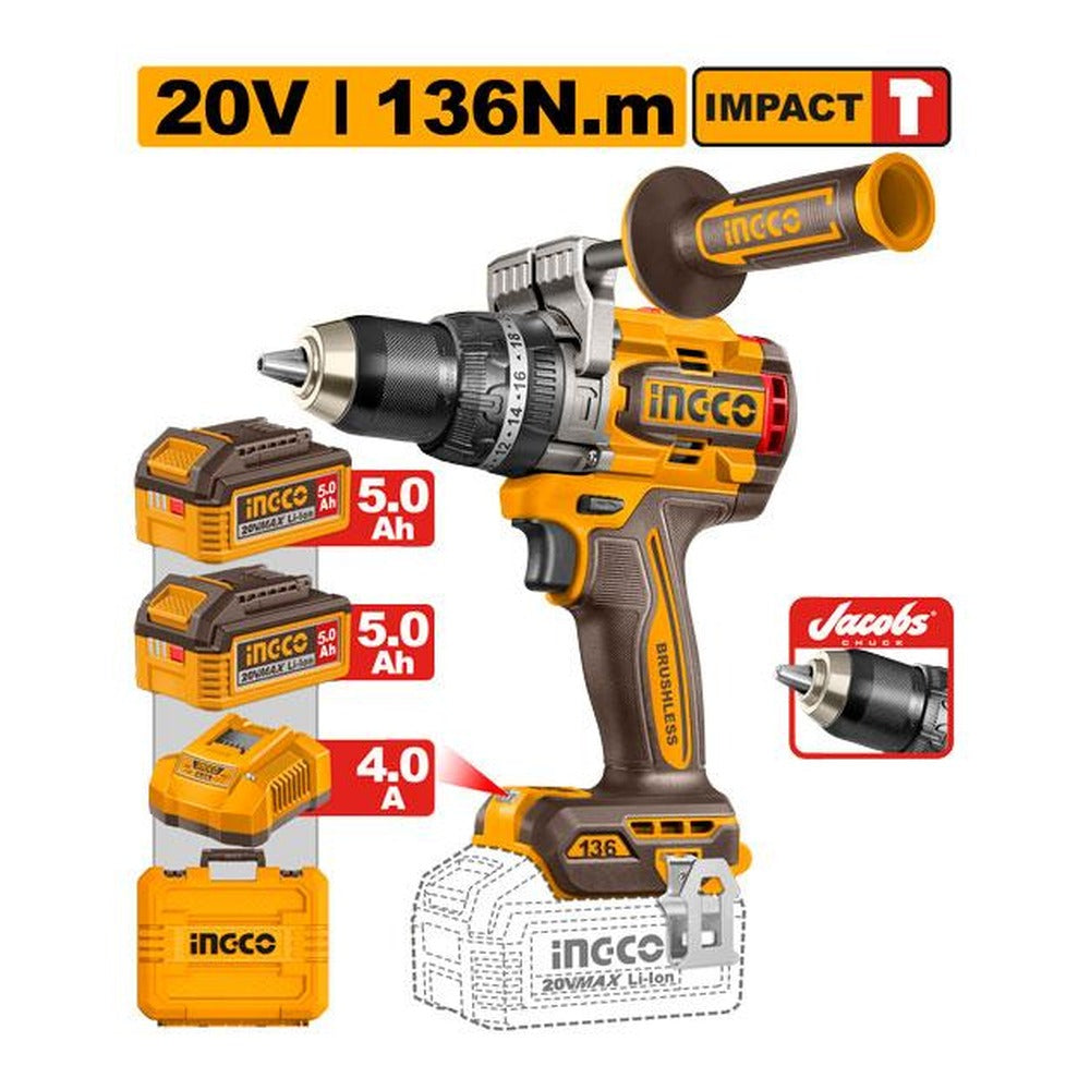 INGCO Cordless Impact Drill 20V Brushless 136Nm 13mm Jacobs Chuck 2Batt 5Ah+Char CIDLI201368