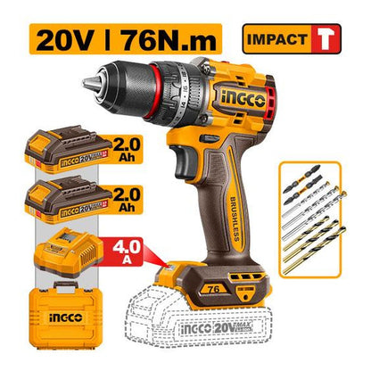 INGCO Cordless Impact Drill 20V Brushless 76Nm 13mm 2Batt 2Ah+Char CIDLI207686