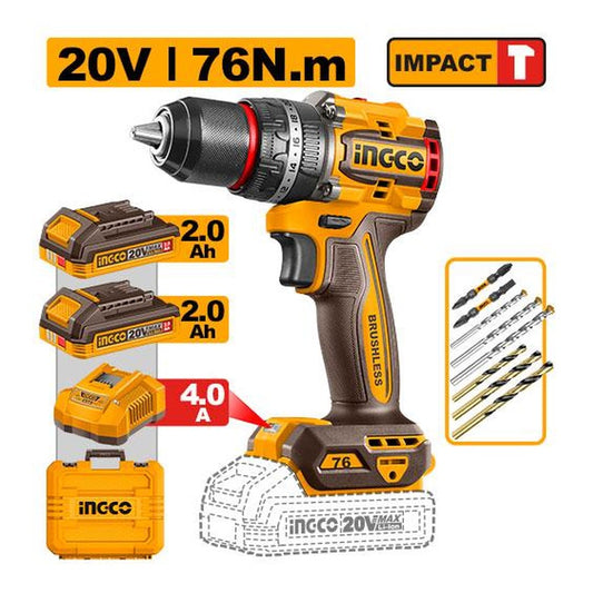 INGCO Cordless Impact Drill 20V Brushless 76Nm 13mm 2Batt 2Ah+Char CIDLI207686