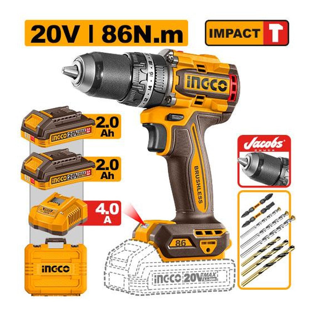 INGCO Cordless Impact Drill 20V Brushless 86Nm 13mm 2Batt 2Ah+Char CIDLI208688