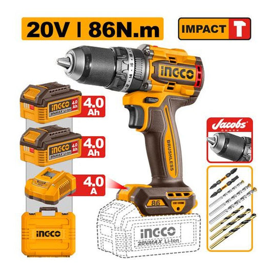 INGCO Cordless Impact Drill 20V Brushless 86Nm 13mm 2Batt 4Ah+Char CIDLI208689